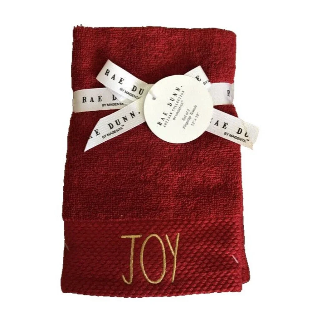 Rae Dunn Christmas Fingertip Towels Joy Red Gold Embroidered Set of 2 Bathroom